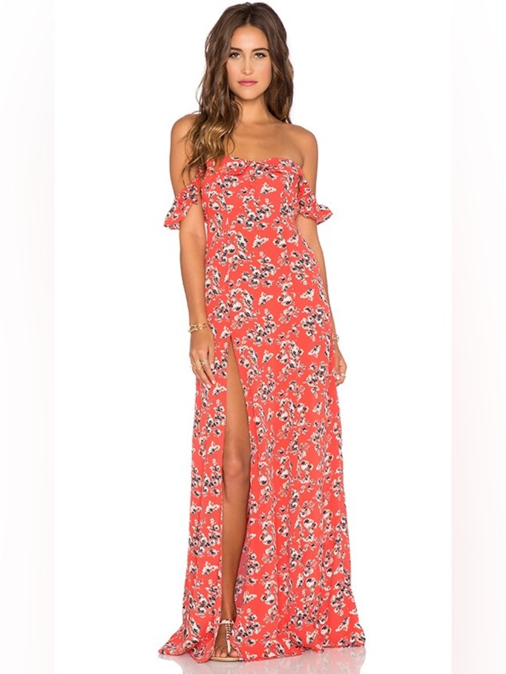 NWOT Flynn Skye Red Ditsy Bardot Maxi
Dress Revolve Exclusive Women’s Small